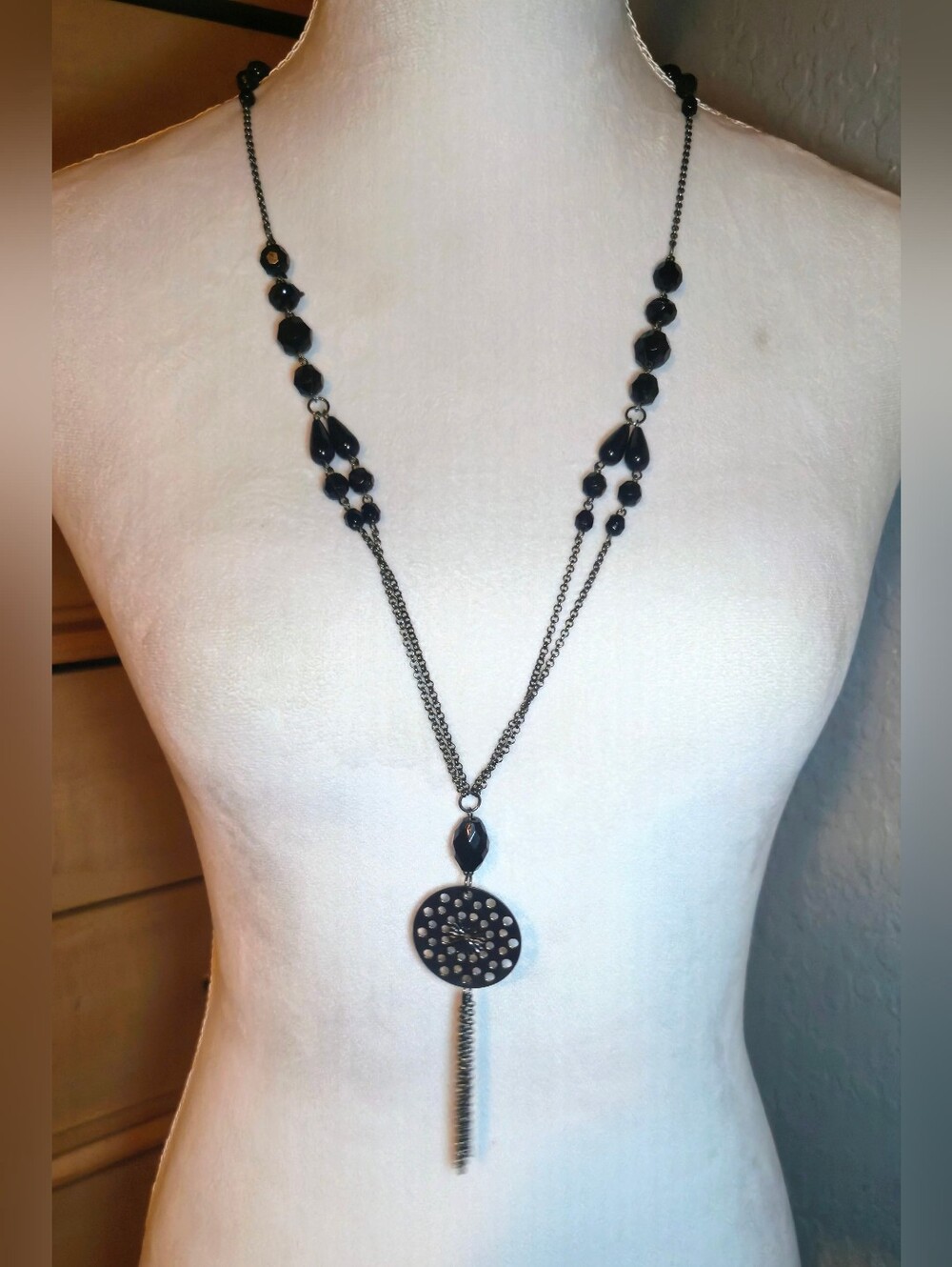 Vintage Coldwater Creek Black Glass Beaded Y-Necklace Tassel Rhinestone